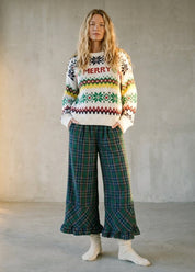 Mistletoe Plaid Ruffle Hem Wide Leg Pants - Westly
