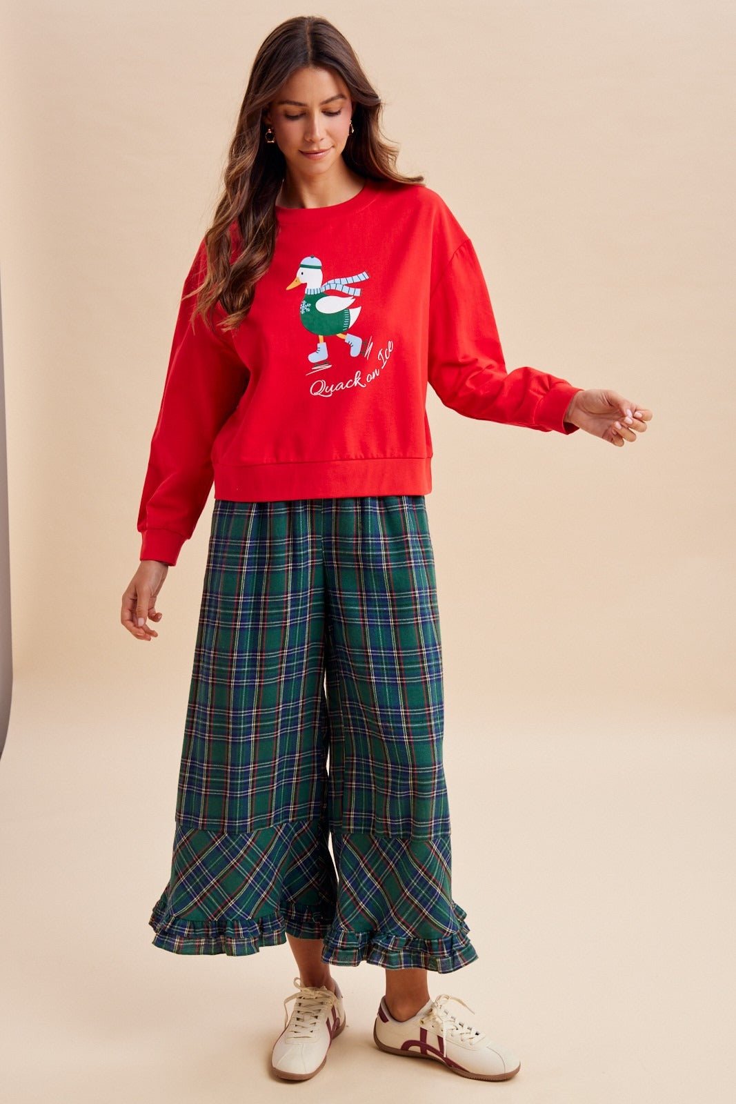 Mistletoe Plaid Ruffle Hem Wide Leg Pants - Westly