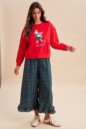 Mistletoe Plaid Ruffle Hem Wide Leg Pants - Westly