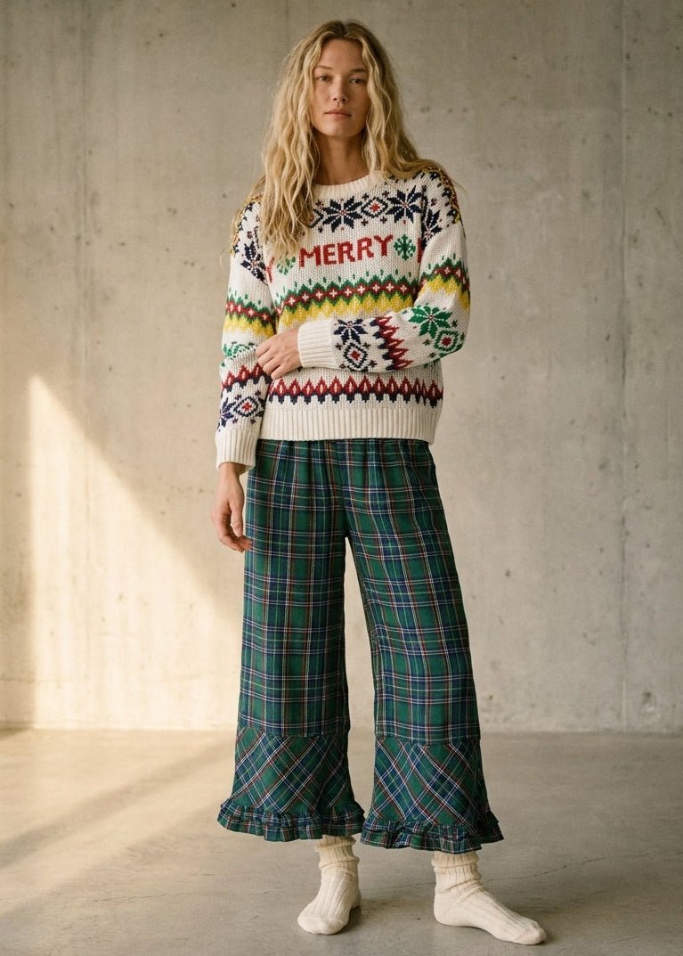 Mistletoe Plaid Ruffle Hem Wide Leg Pants - Westly