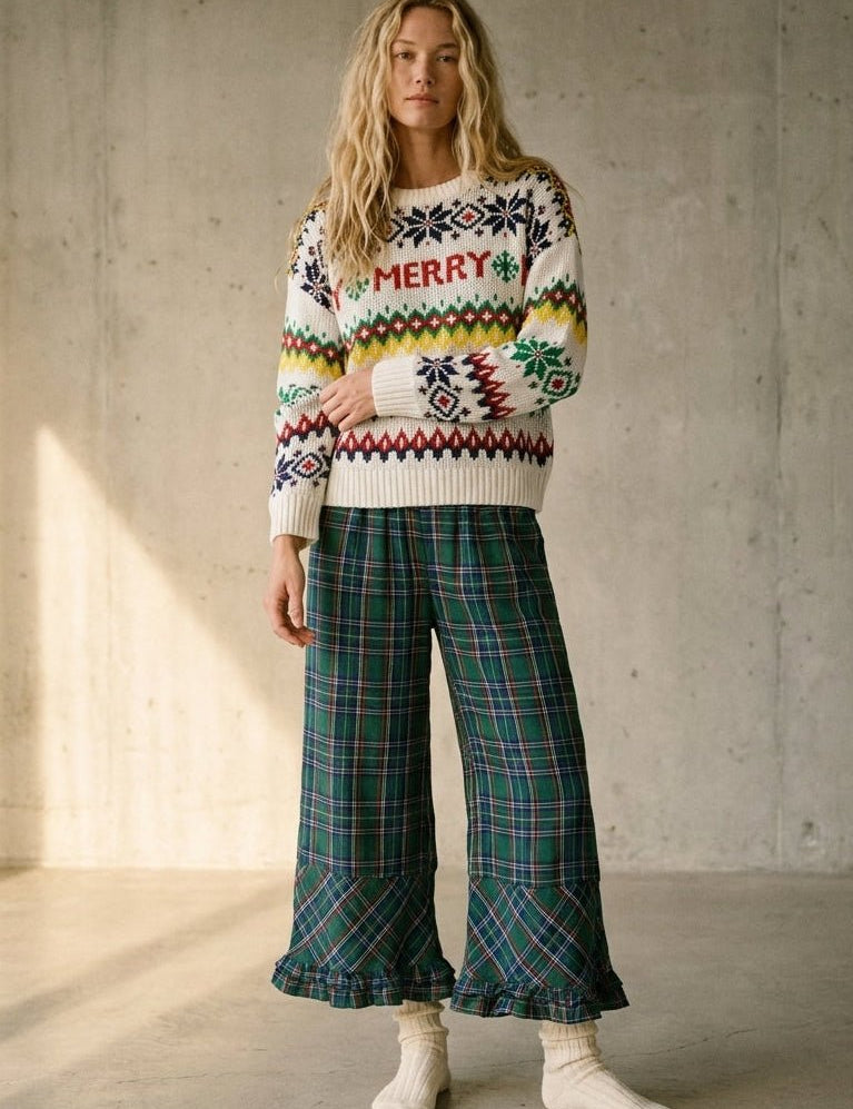 Mistletoe Plaid Ruffle Hem Wide Leg Pants - Westly