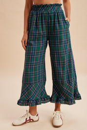 Mistletoe Plaid Ruffle Hem Wide Leg Pants - Westly