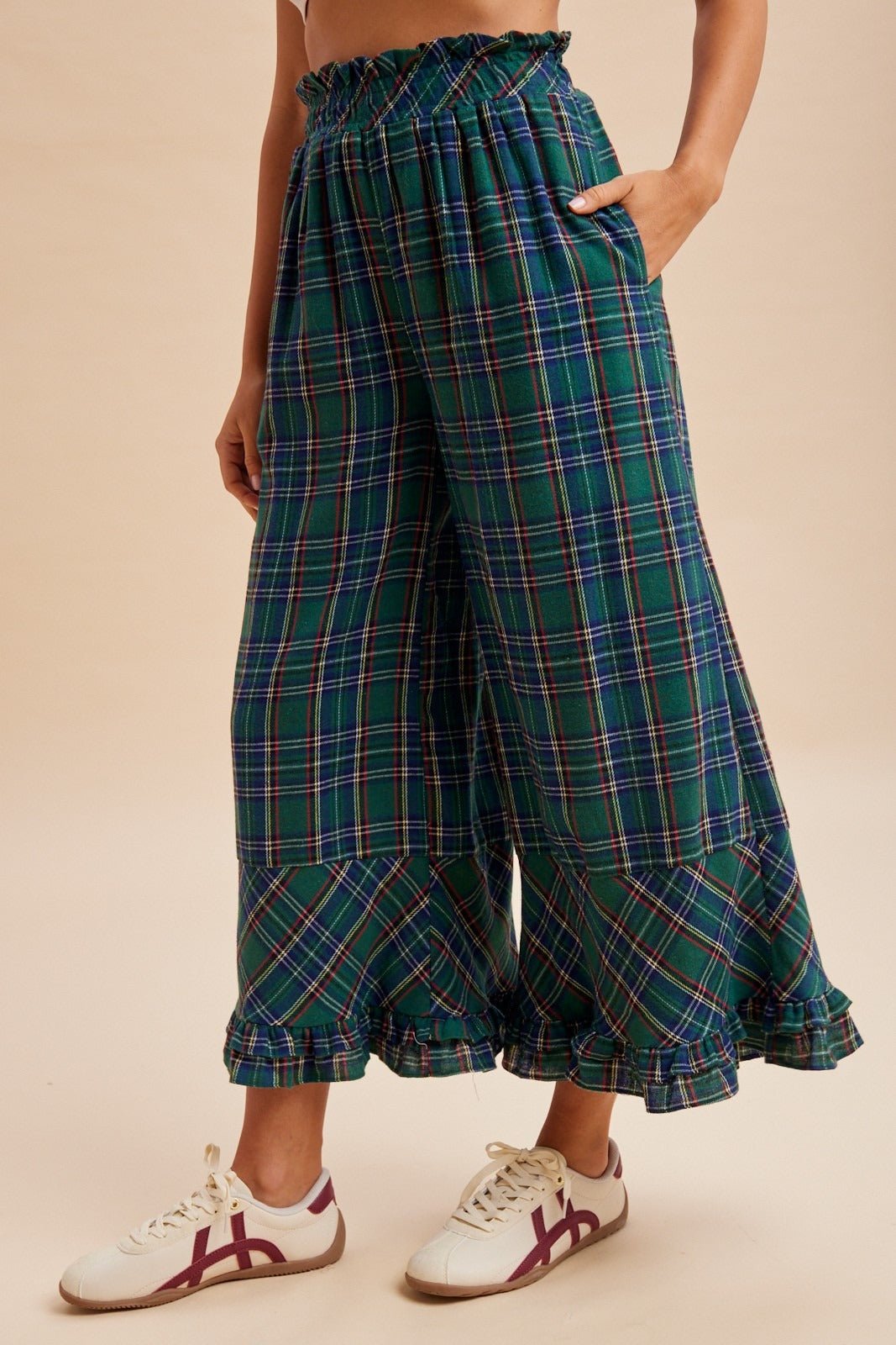 Mistletoe Plaid Ruffle Hem Wide Leg Pants - Westly