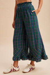 Mistletoe Plaid Ruffle Hem Wide Leg Pants - Westly