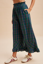 Mistletoe Plaid Ruffle Hem Wide Leg Pants - Westly