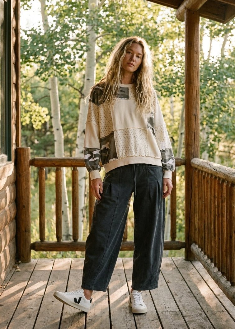 Mixed Signals Multi-Fabric Camo Patchwork Pullover - Westly
