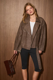 Montclair Faux Leather Biker Jacket in Dark Brown - product photo 2
