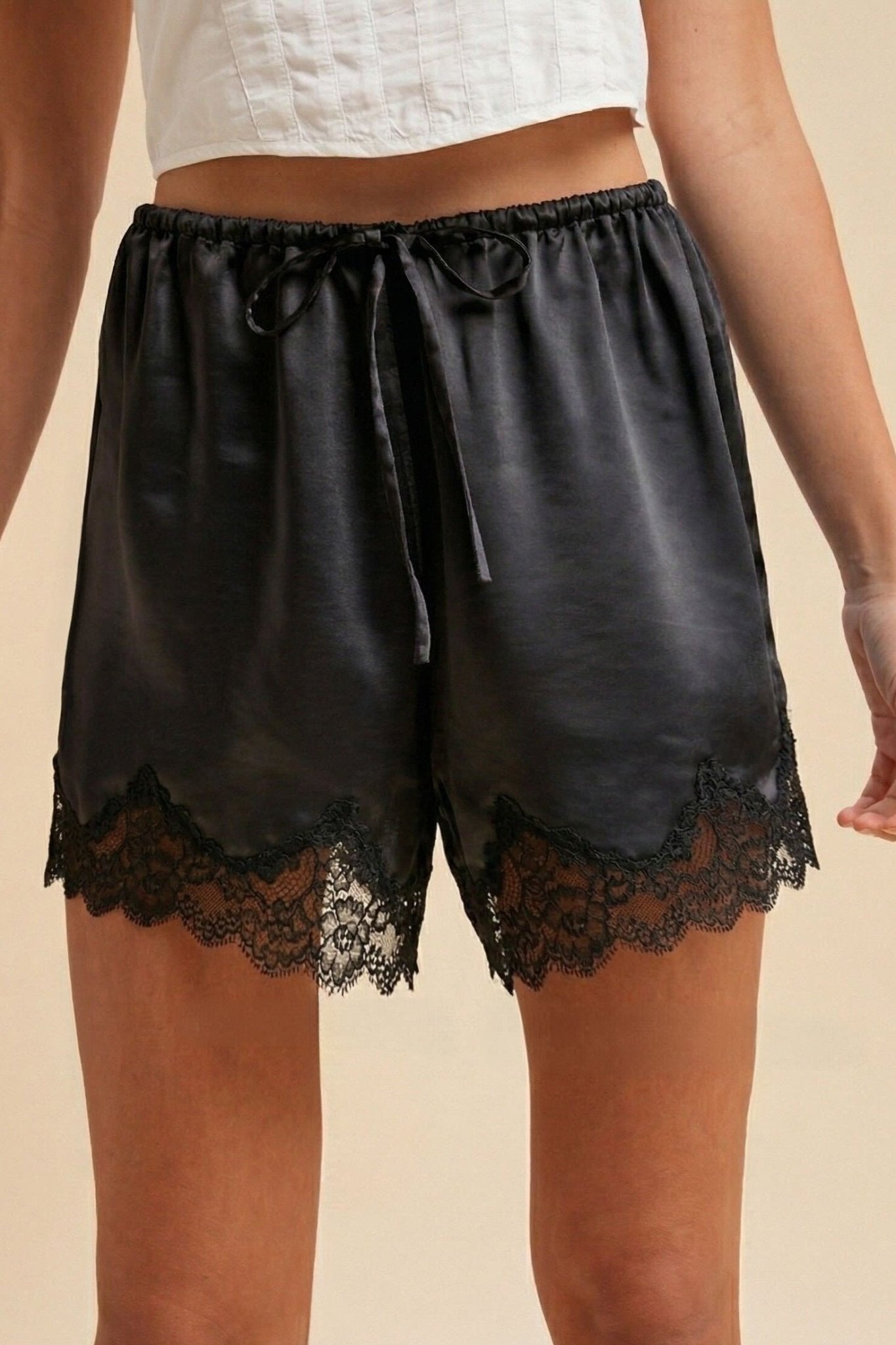 Moonlight Lace Trim Satin Drawstring Shorts - Westly