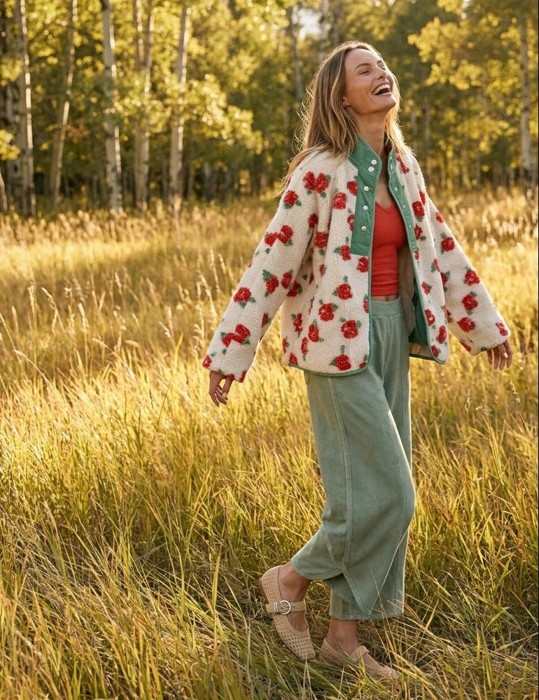 Morning Market Rose Print Sherpa Jacket - Westly