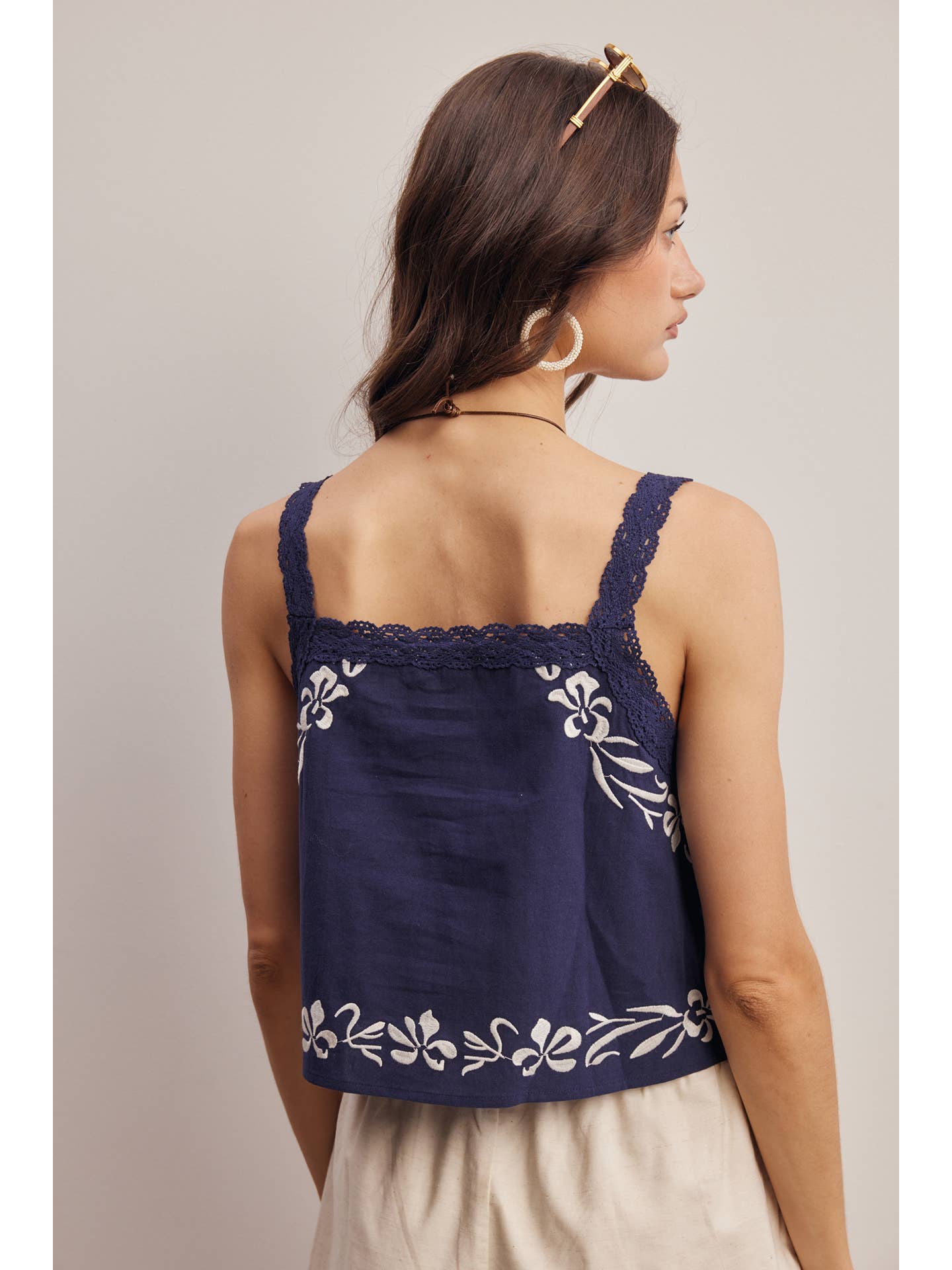 Napa Embroidered Lace Trim Button - Front Tank Top - Westly