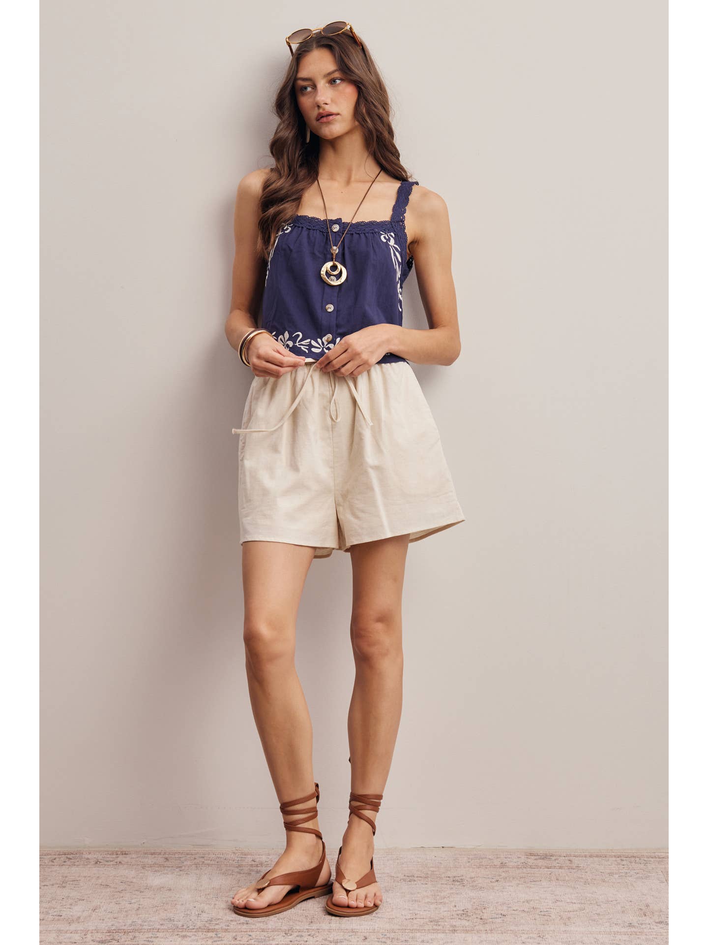 Napa Embroidered Lace Trim Button - Front Tank Top - Westly
