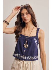 Napa Embroidered Lace Trim Button - Front Tank Top - Westly