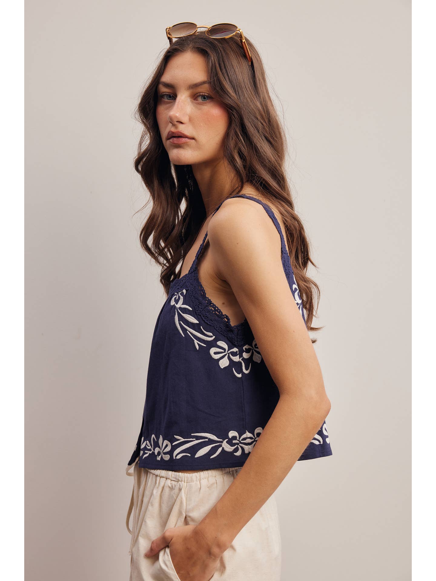Napa Embroidered Lace Trim Button - Front Tank Top - Westly