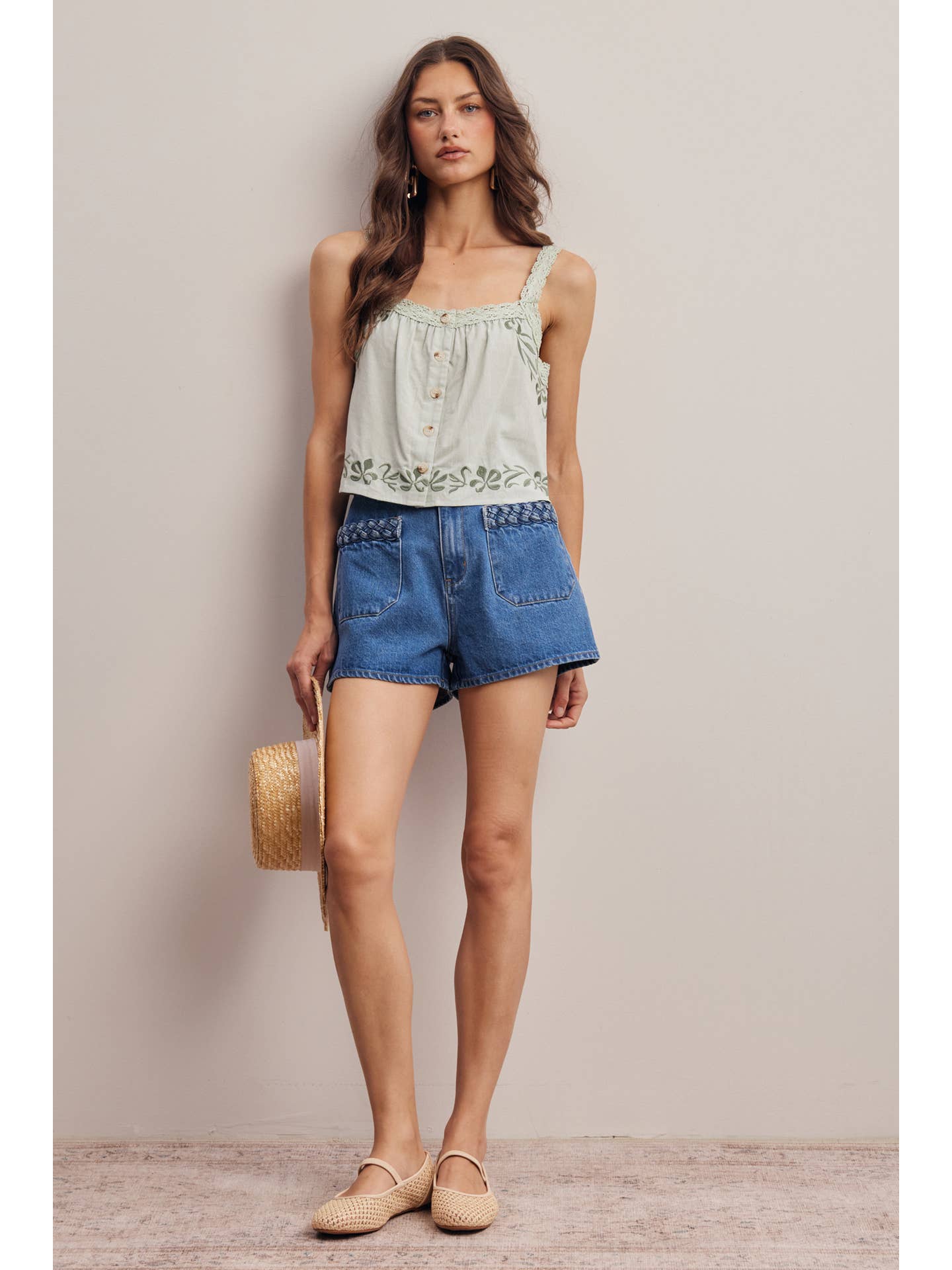Napa Embroidered Lace Trim Button - Front Tank Top - Westly