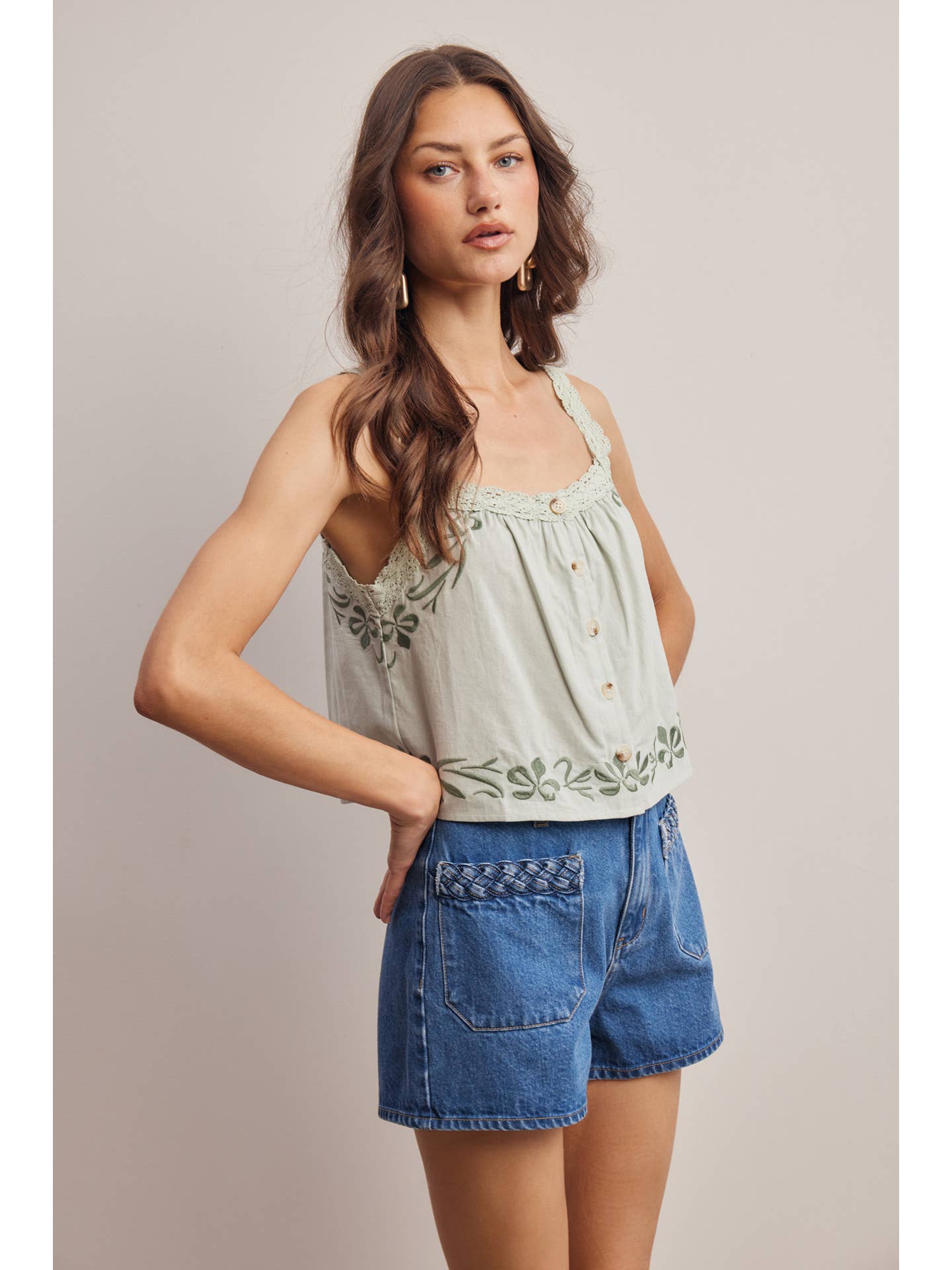 Napa Embroidered Lace Trim Button - Front Tank Top - Westly