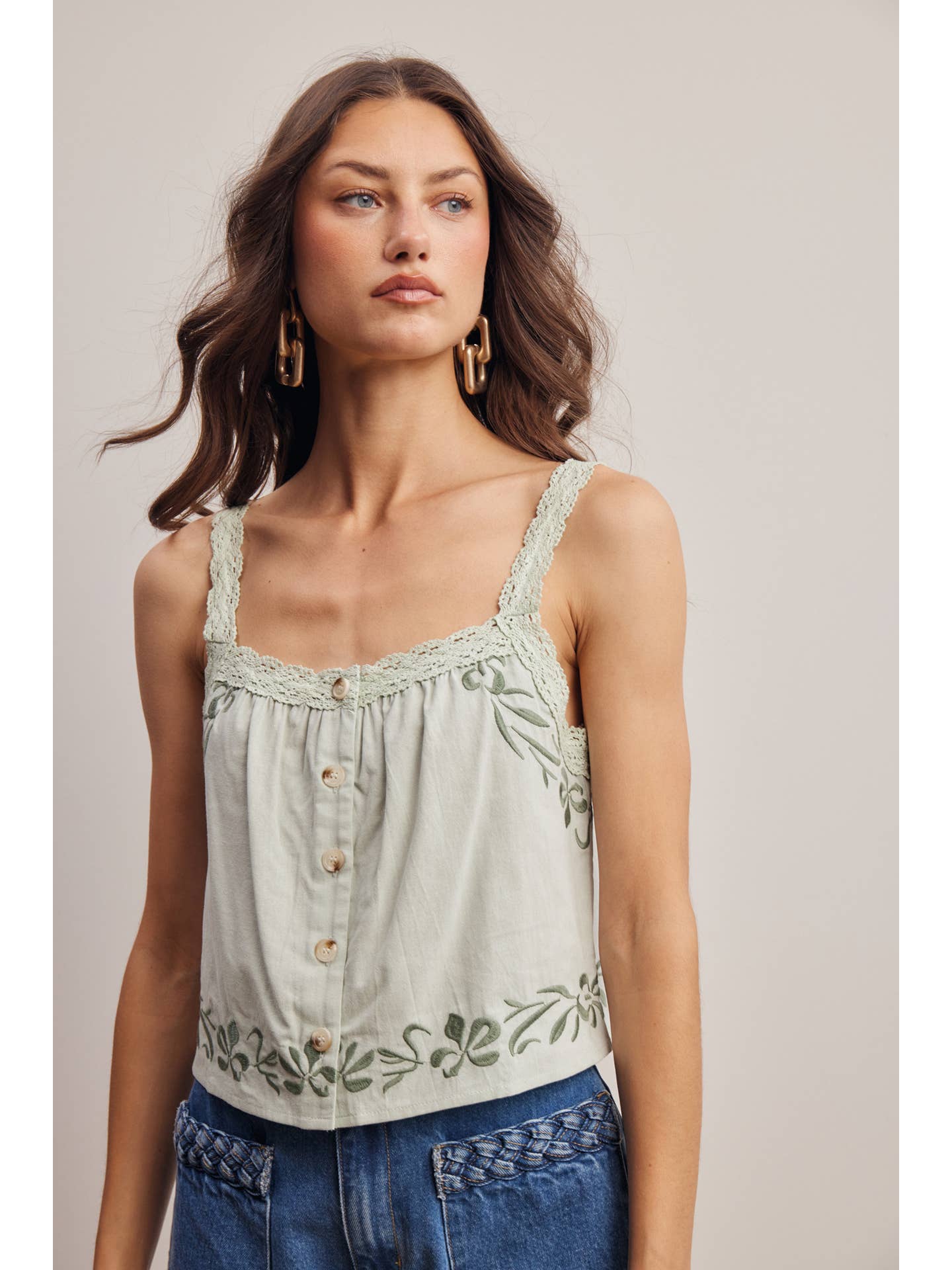 Napa Embroidered Lace Trim Button - Front Tank Top - Westly