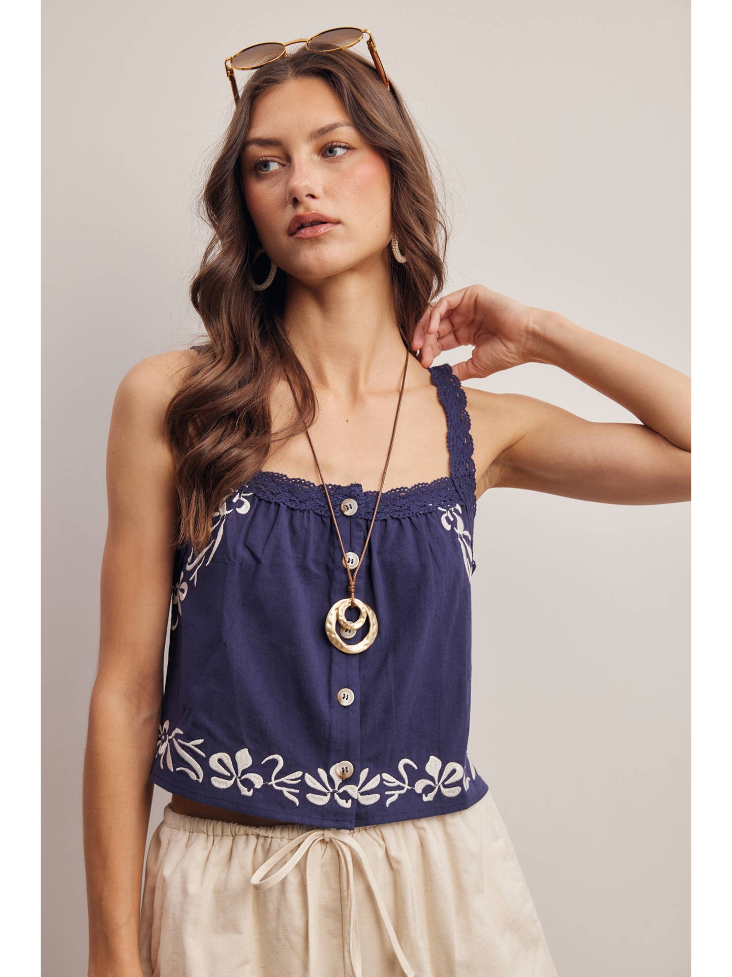 Napa Embroidered Lace Trim Button - Front Tank Top - Westly