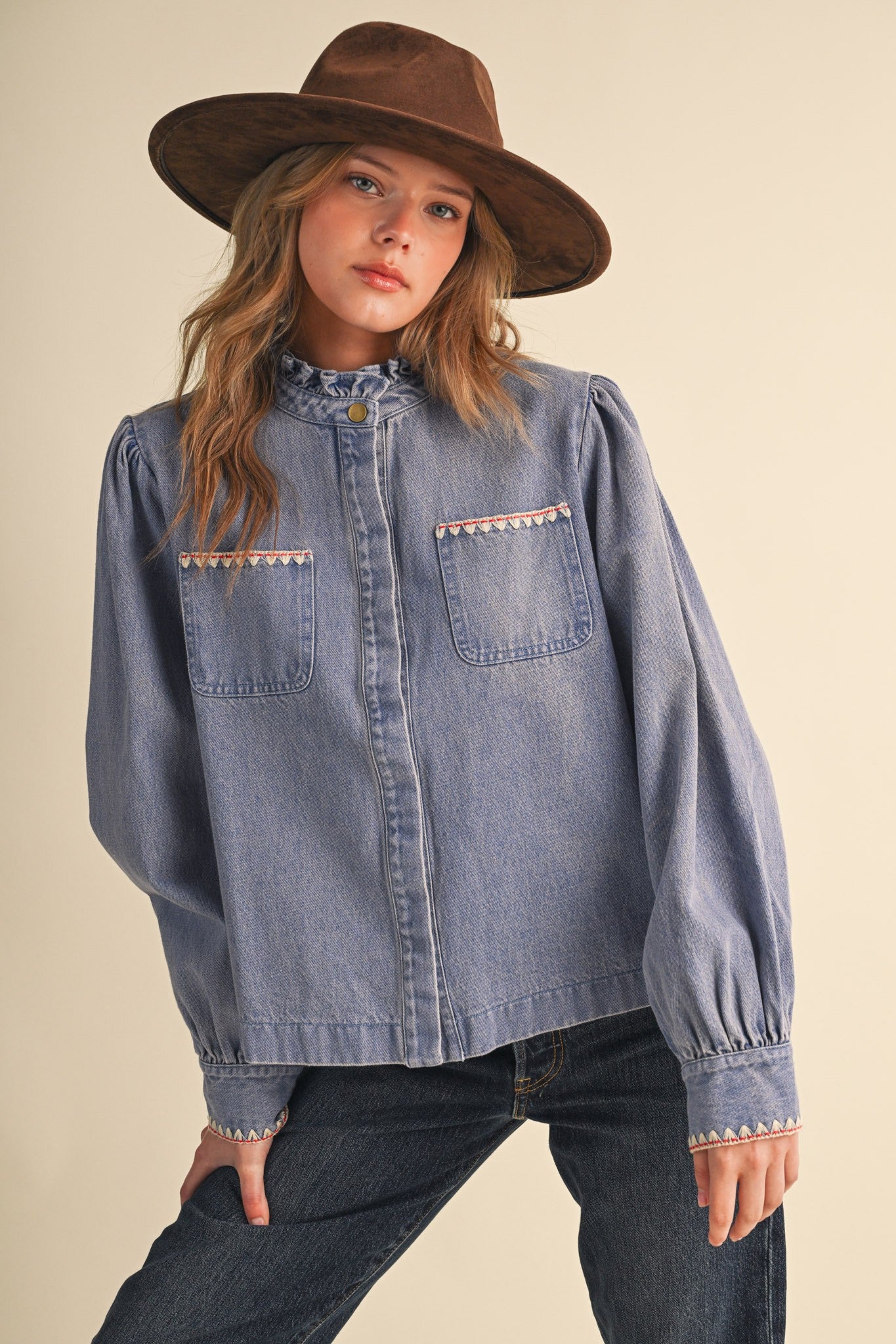 Needlepoint Junction Blanket Stitch Denim Shirt in Bright Blue, photo 2