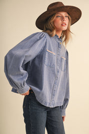 Needlepoint Junction Blanket Stitch Denim Shirt in Bright Blue, photo 3