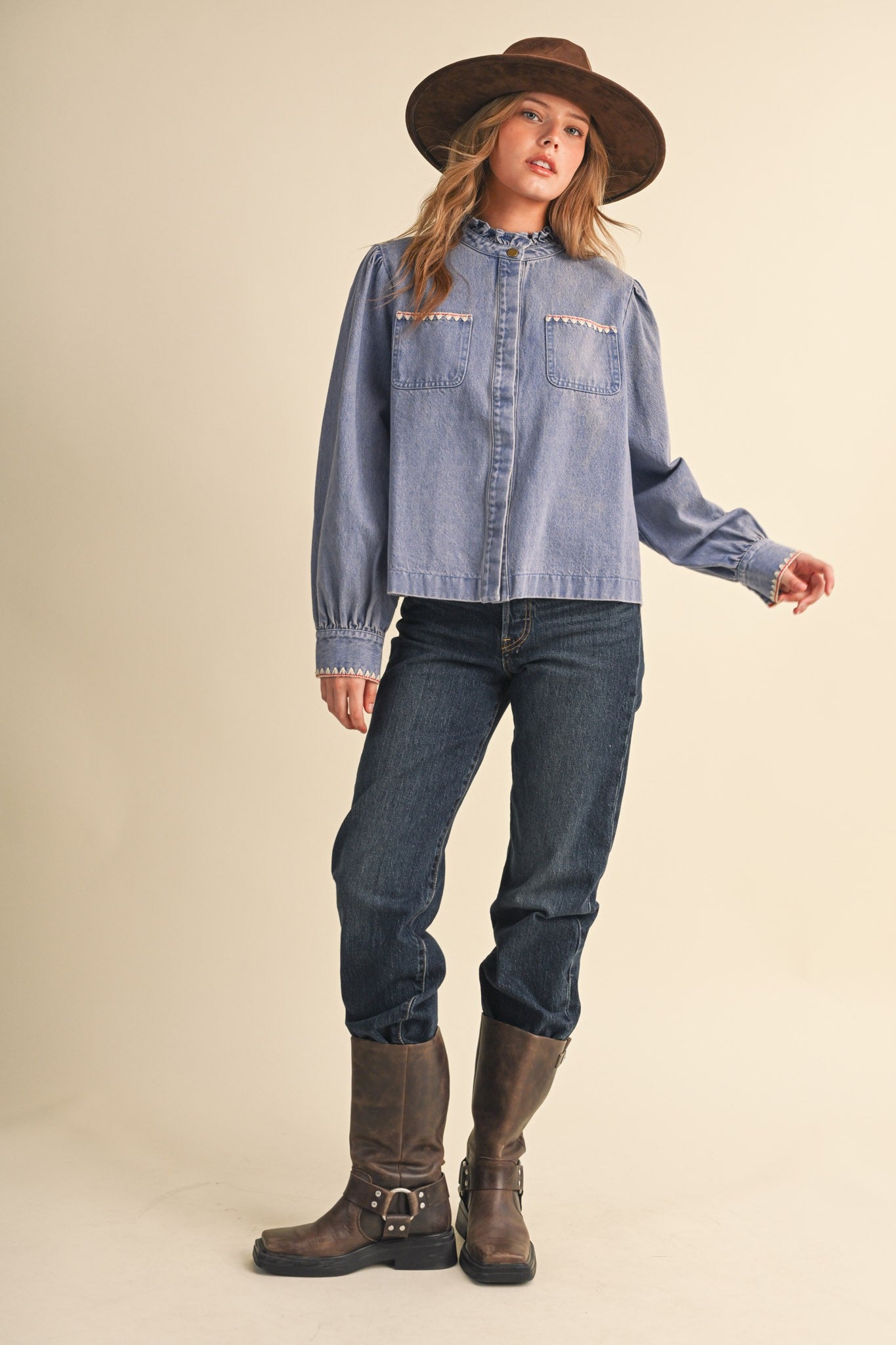 Needlepoint Junction Blanket Stitch Denim Shirt in Bright Blue, photo 11