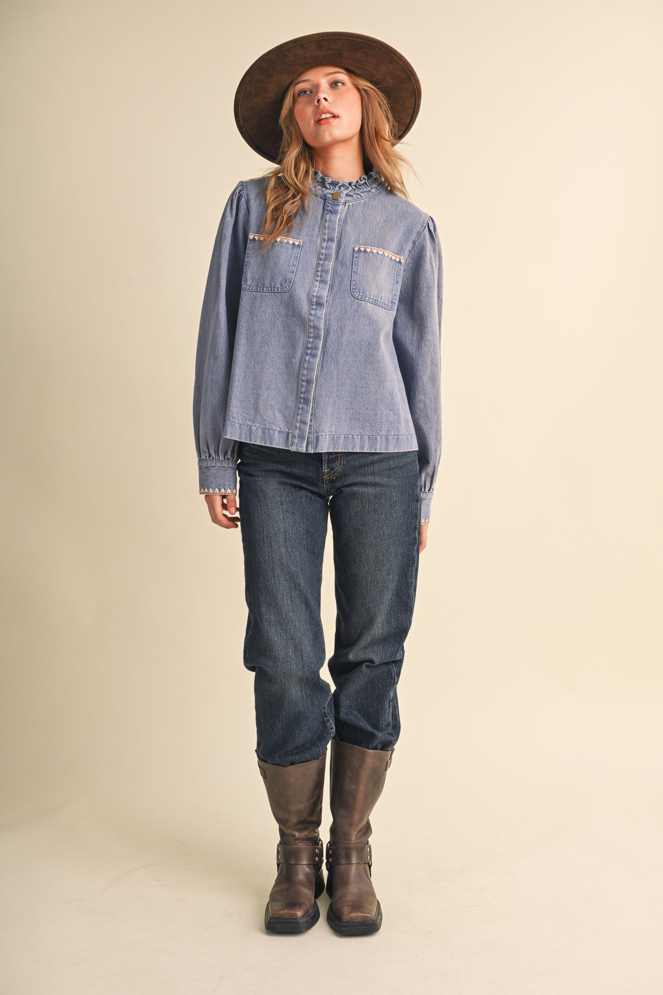 Needlepoint Junction Blanket Stitch Denim Shirt in Bright Blue, photo 12