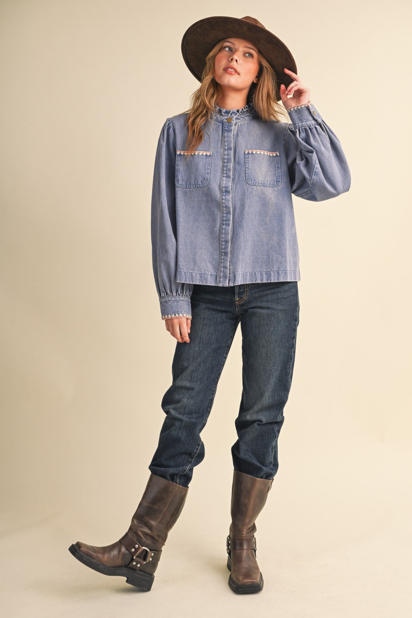 Needlepoint Junction Blanket Stitch Denim Shirt in Bright Blue, photo 13