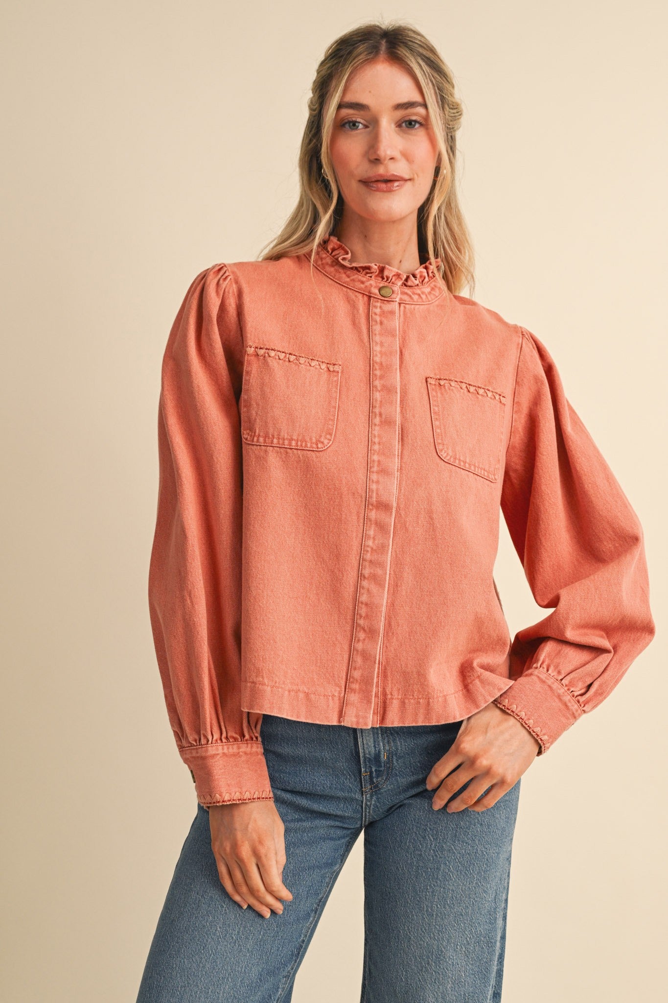 Needlepoint Junction Blanket Stitch Denim Shirt in Terra Cotta, photo 1