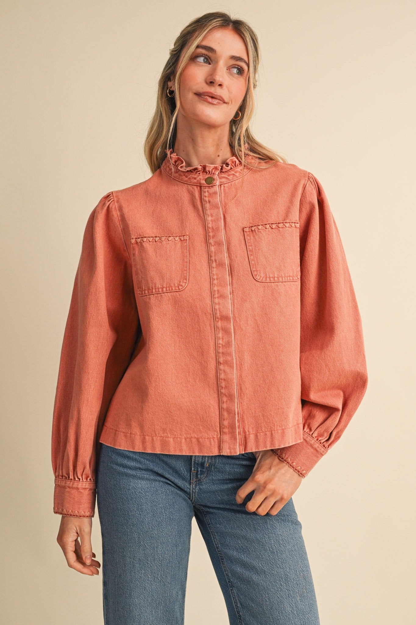 Needlepoint Junction Blanket Stitch Denim Shirt in Terra Cotta, photo 2
