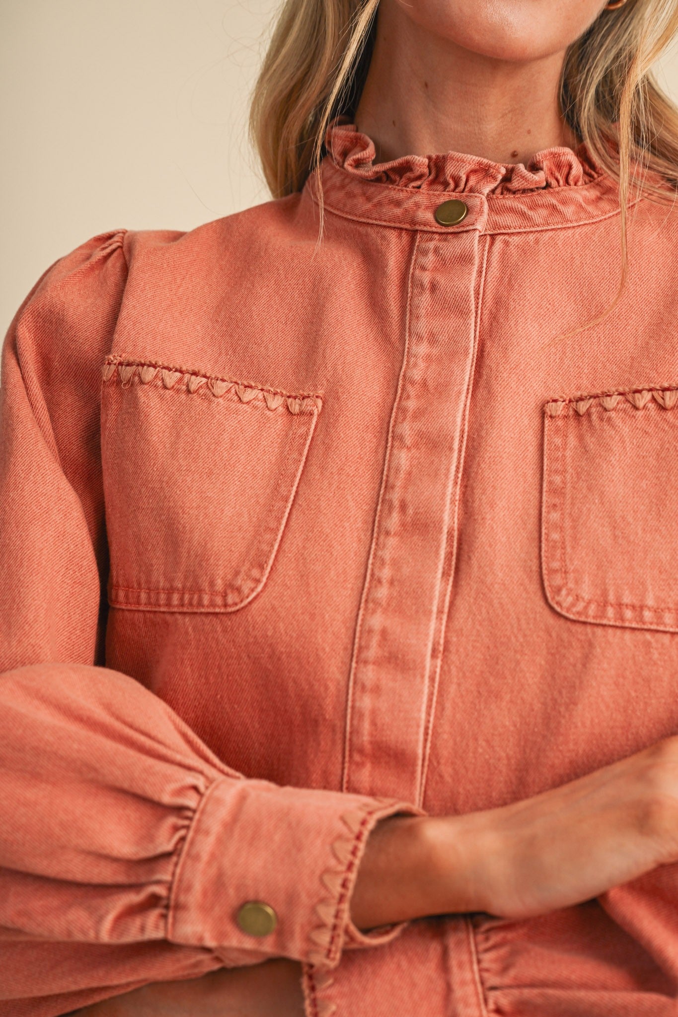 Needlepoint Junction Blanket Stitch Denim Shirt in Terra Cotta, photo 4
