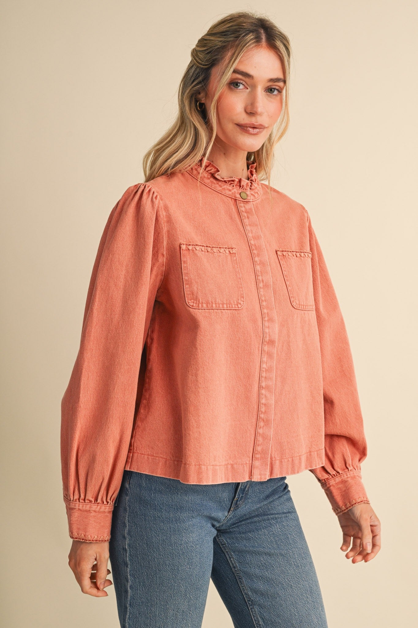 Needlepoint Junction Blanket Stitch Denim Shirt in Terra Cotta, photo 6