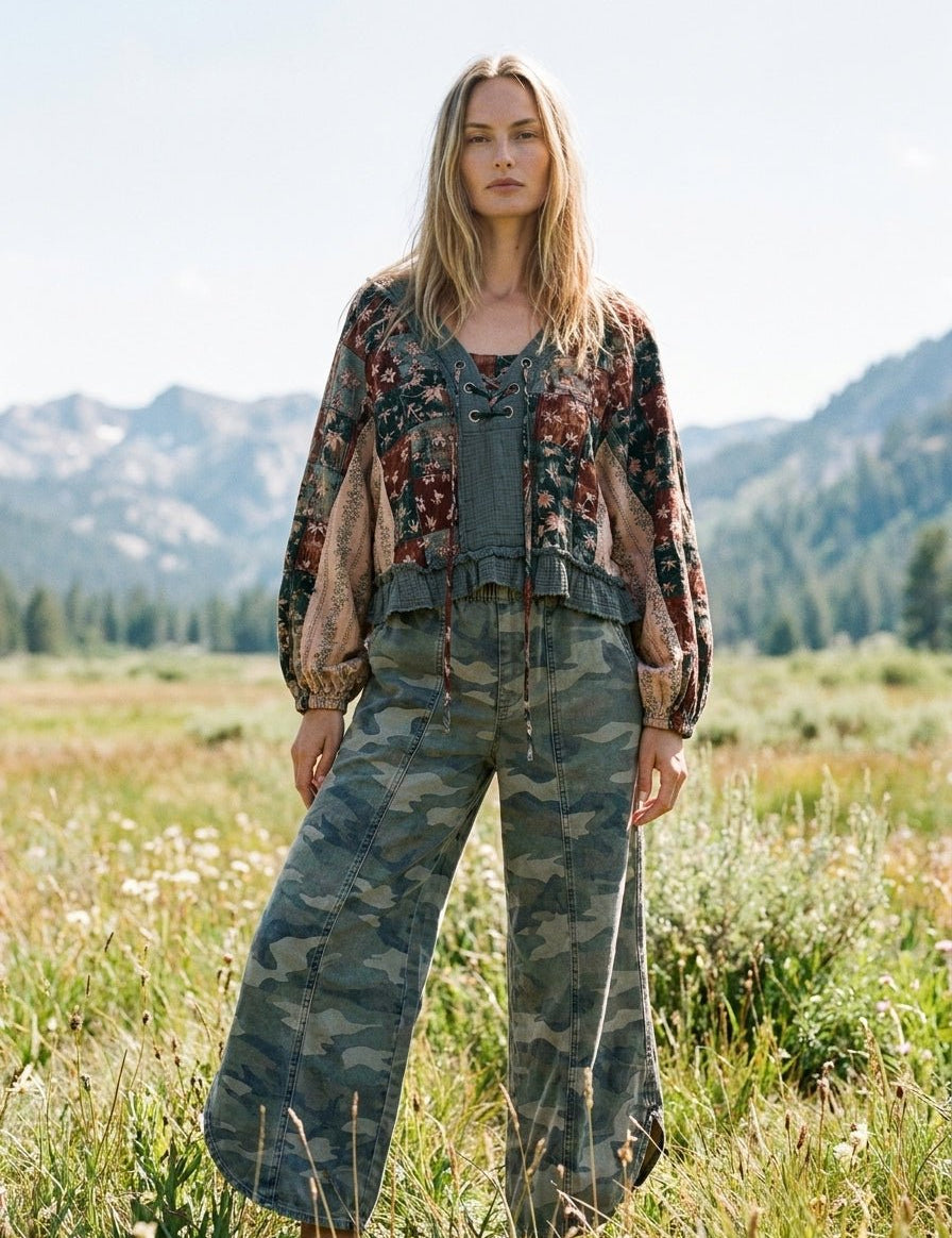 Nell Lace-Up Patchwork Top - Westly