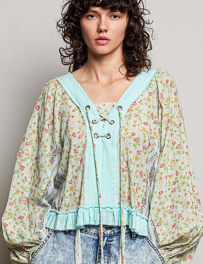 Nell Lace-Up Patchwork Top - Westly