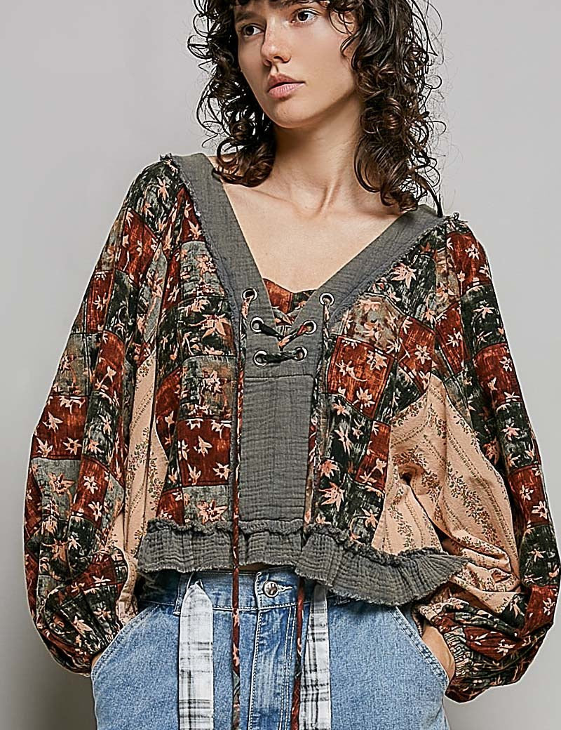 Nell Lace-Up Patchwork Top - Westly