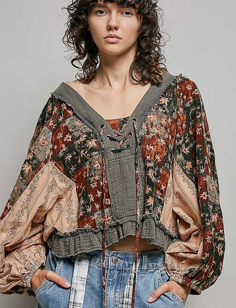 Nell Lace-Up Patchwork Top - Westly