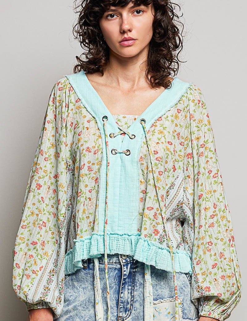 Nell Lace-Up Patchwork Top - Westly