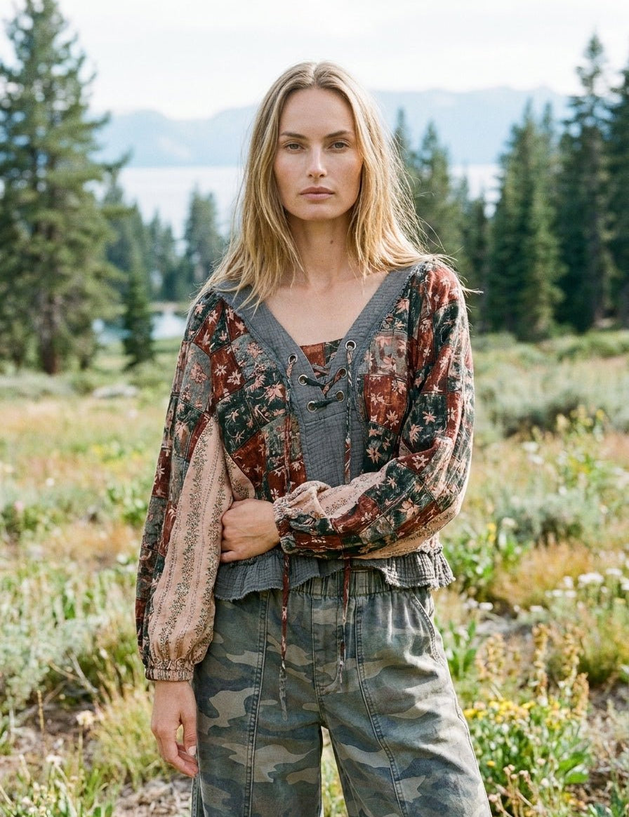 Nell Lace-Up Patchwork Top - Westly