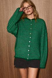 Nellie Rolled Hem Stripe Cardigan in Green Stripe — product photo 04