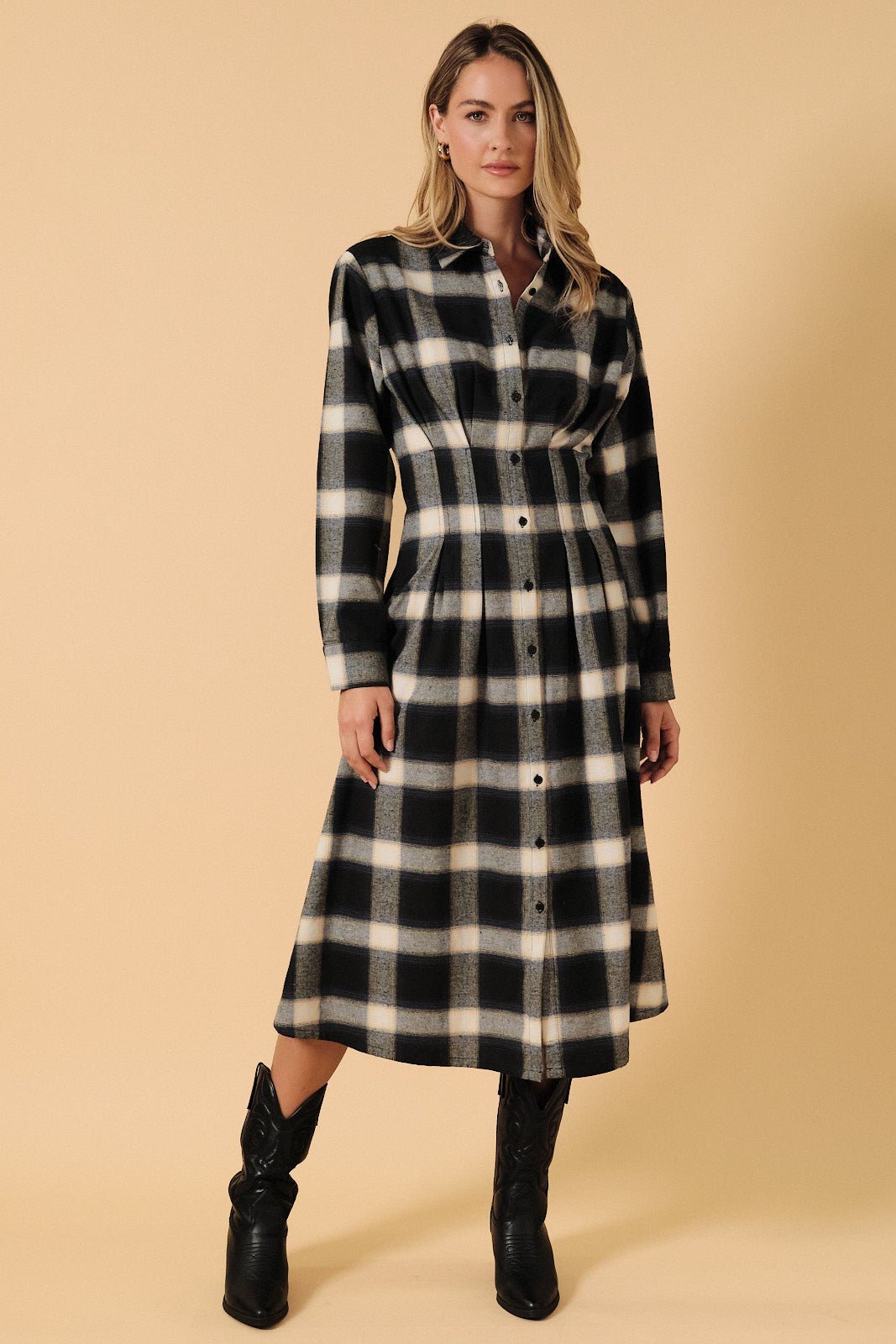 Nico Long Sleeve Pleated Button Down Shirt Midi Dress - Westly