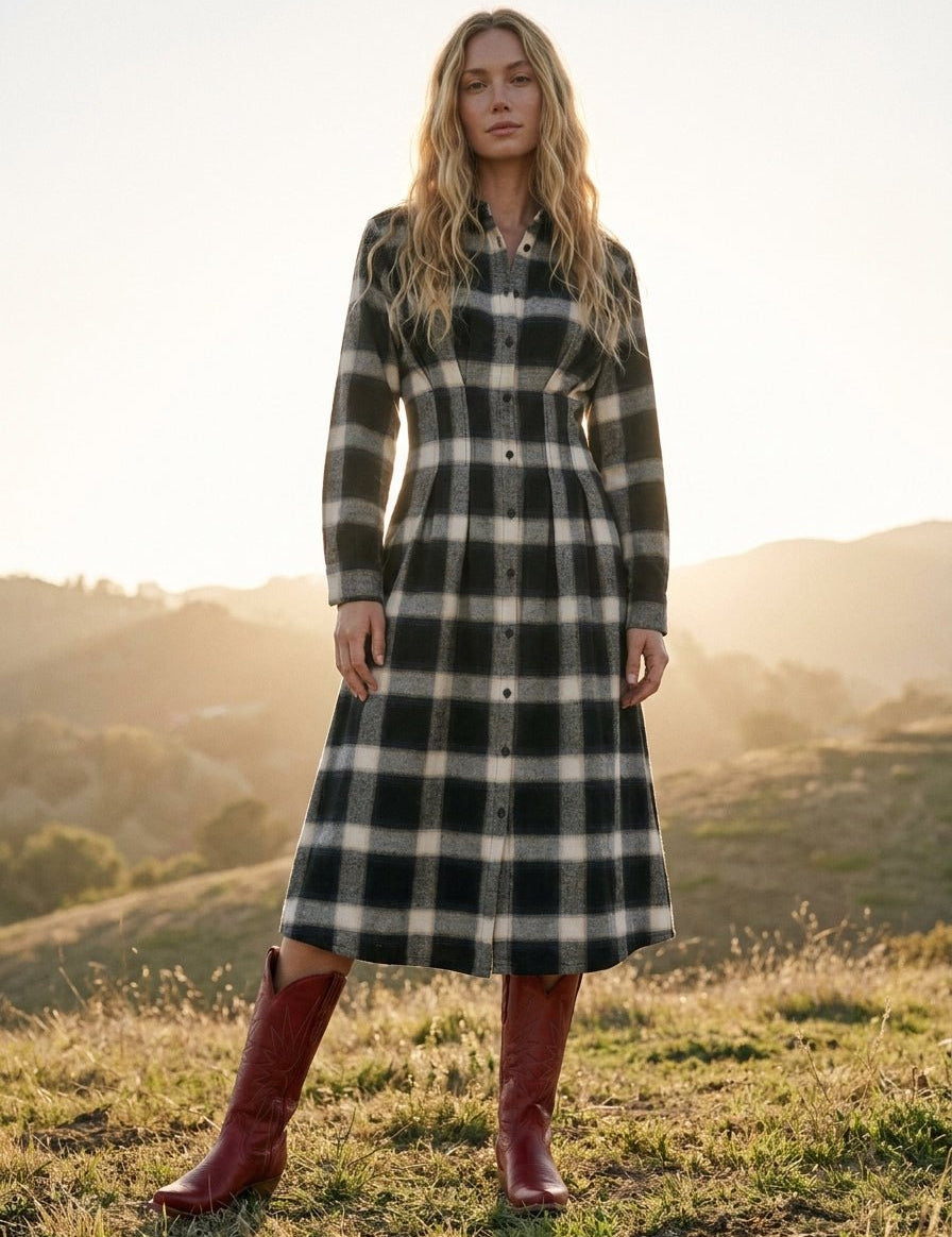 Nico Long Sleeve Pleated Button Down Shirt Midi Dress - Westly