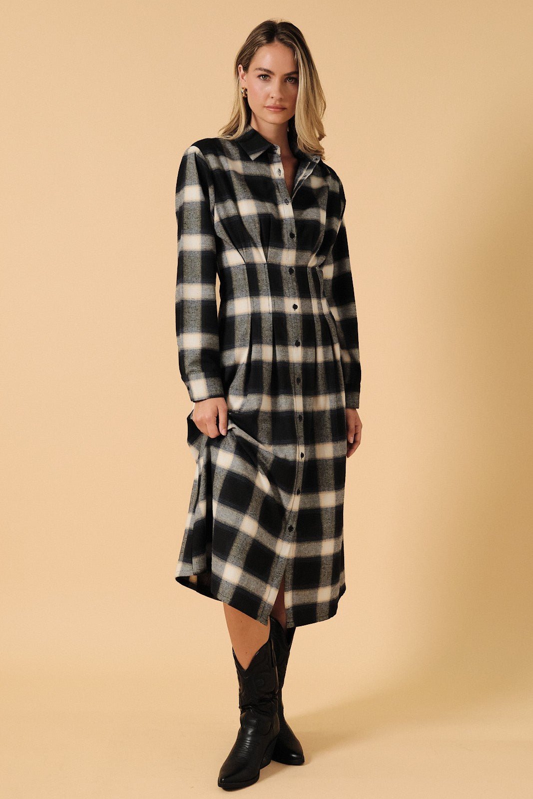 Nico Long Sleeve Pleated Button Down Shirt Midi Dress - Westly