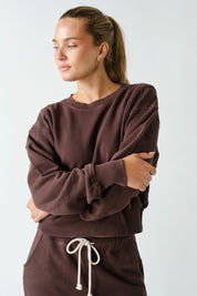 Night In Washed Rib-Trim Crop Sweatshirt in Coffee Bean, photo 2