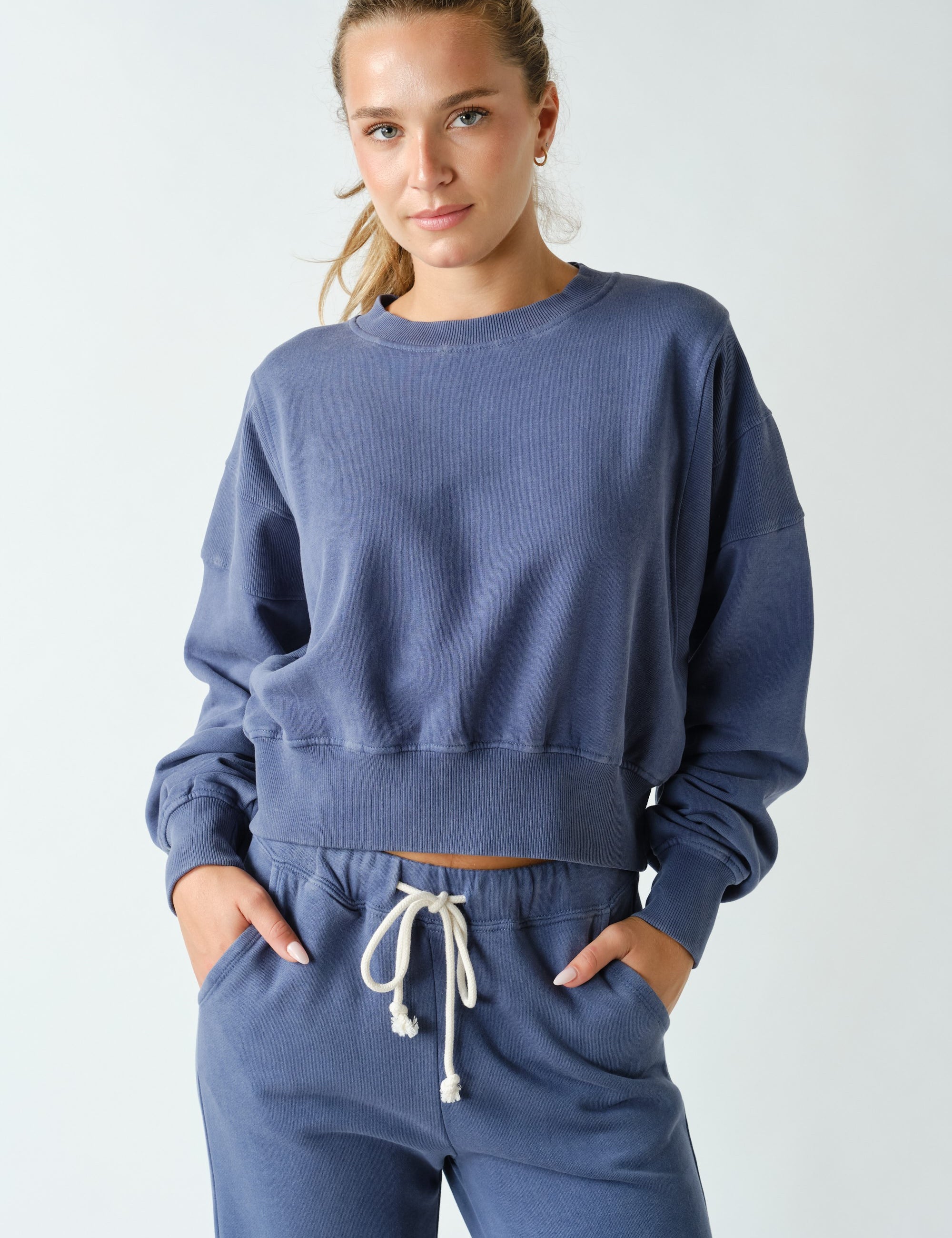 Night In Washed Rib-Trim Crop Sweatshirt in Ocean, photo 1