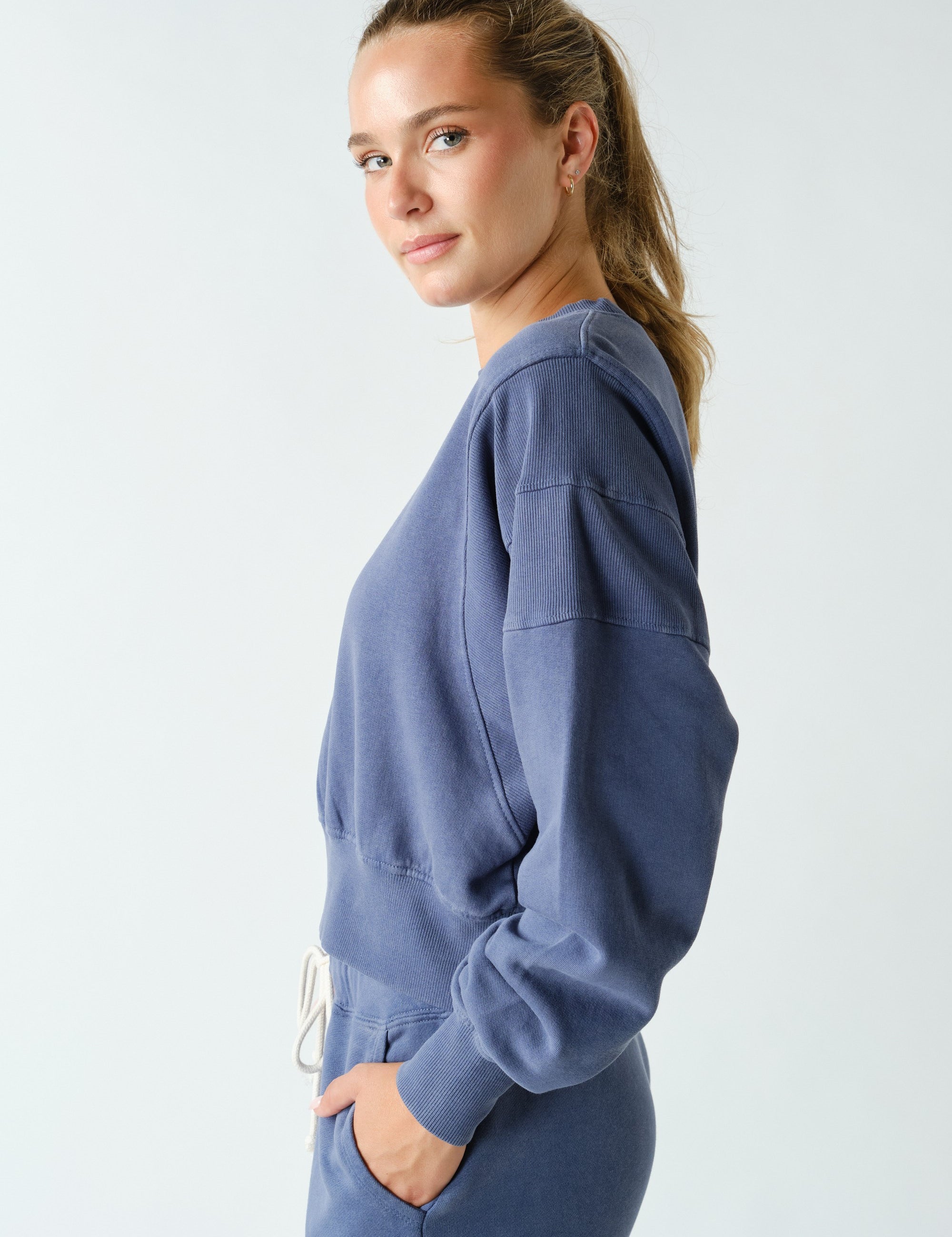 Night In Washed Rib-Trim Crop Sweatshirt in Ocean, photo 2