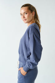 Night In Washed Rib-Trim Crop Sweatshirt in Ocean, photo 2