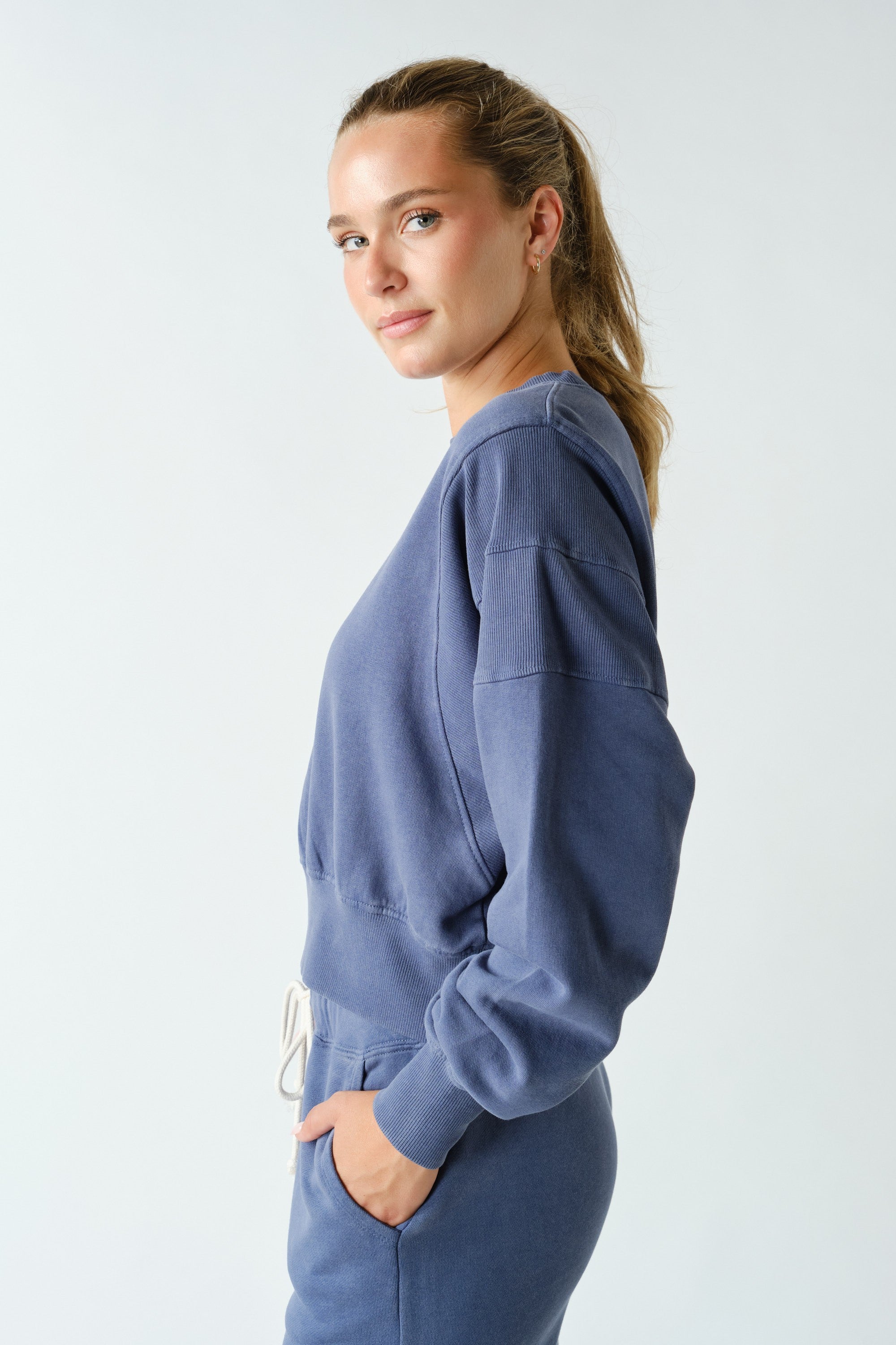 Night In Washed Rib-Trim Crop Sweatshirt in Ocean, photo 2