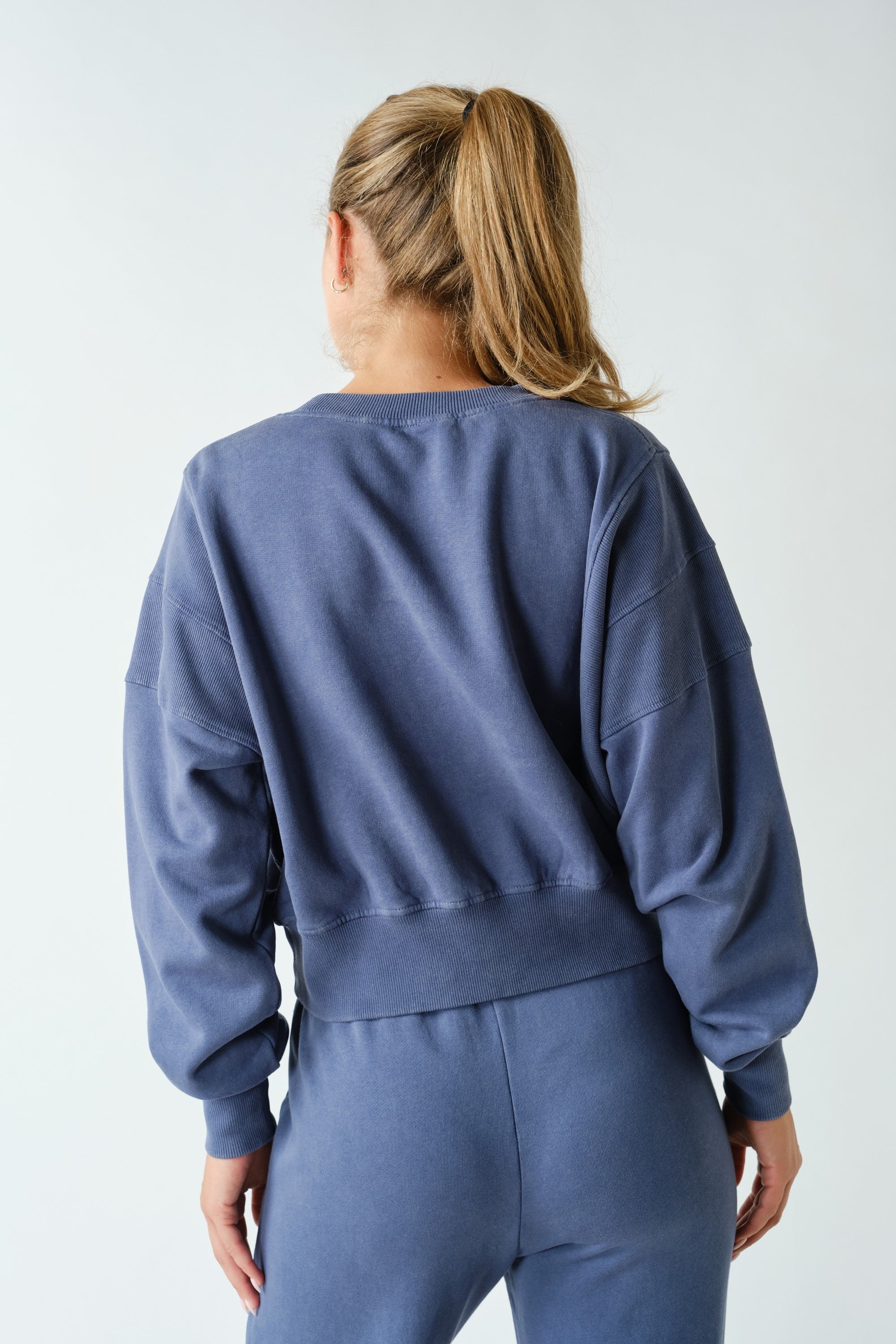 Night In Washed Rib-Trim Crop Sweatshirt in Ocean, photo 3