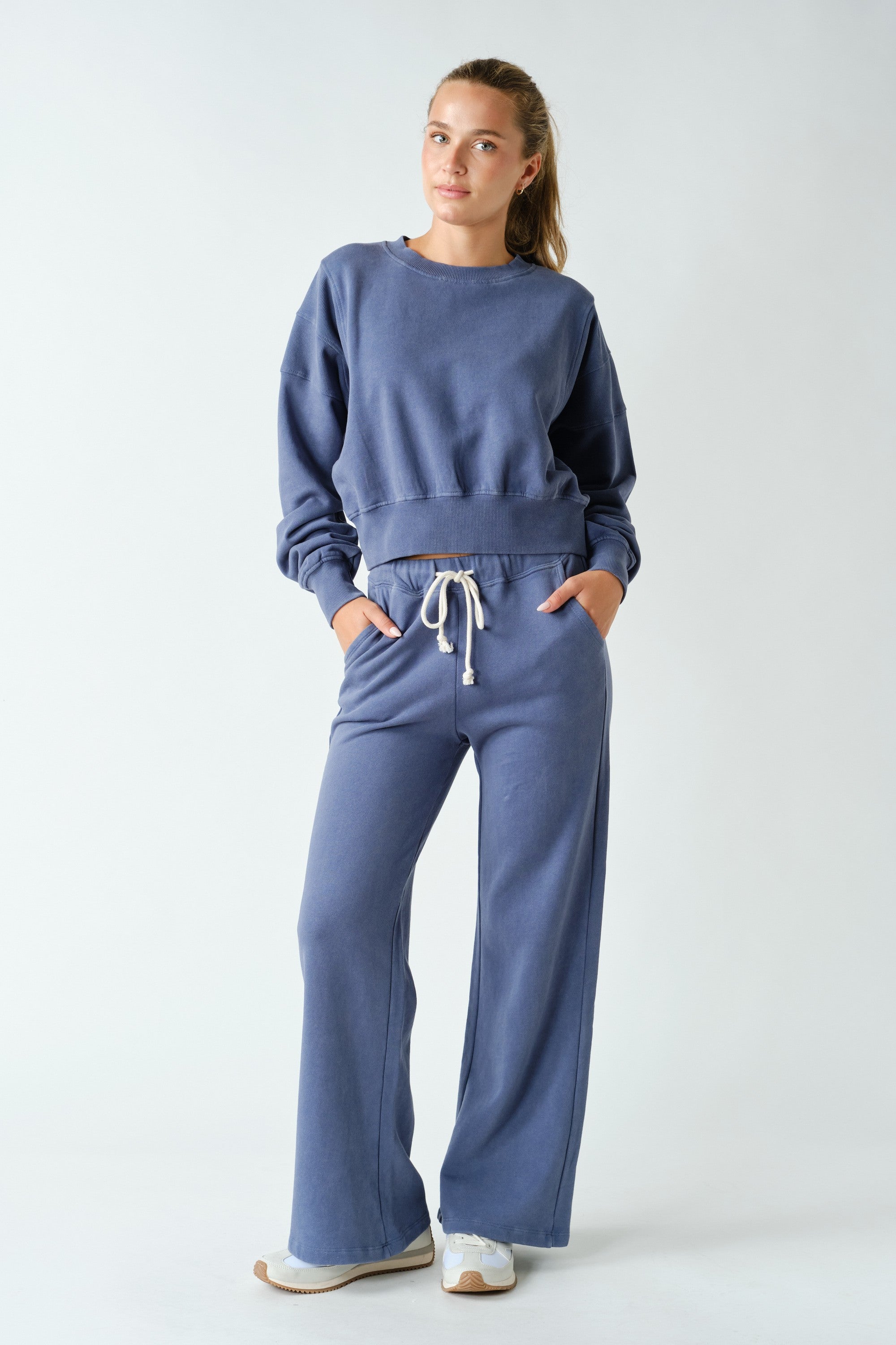 Night In Washed Rib-Trim Crop Sweatshirt in Ocean, photo 5