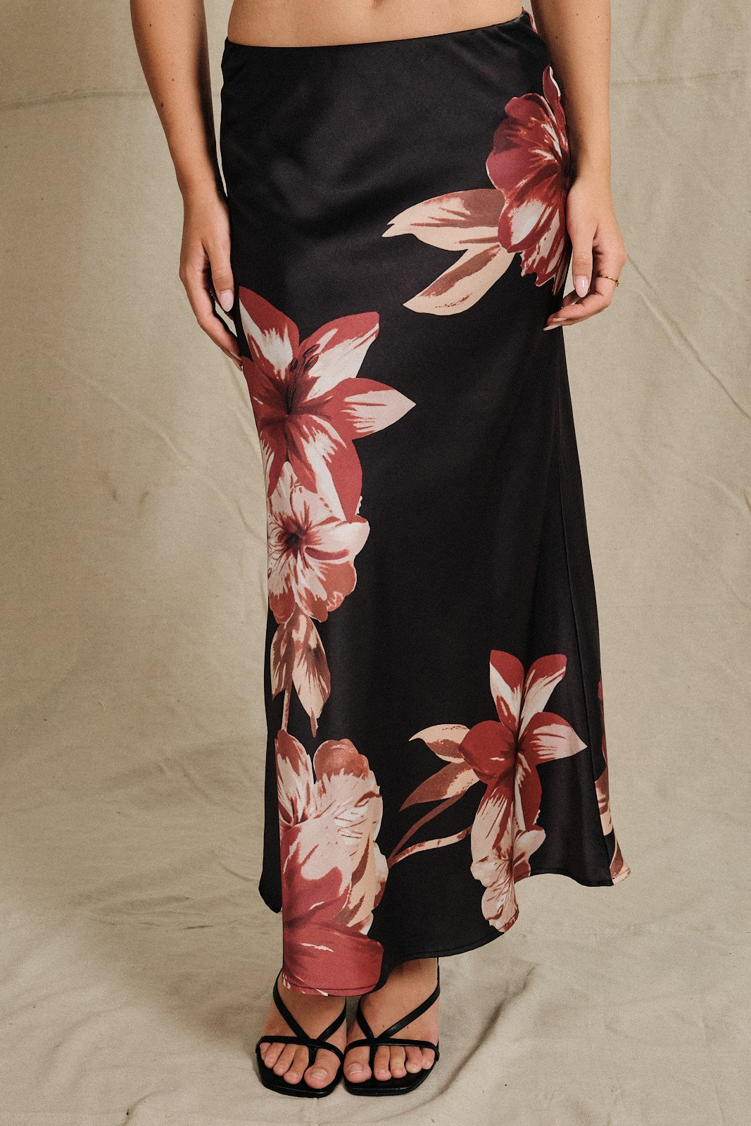 Nightbloom Floral Satin Midi Skirt - Black Mauve Floral