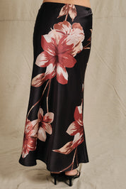 Nightbloom Floral Satin Midi Skirt - Black Mauve Floral