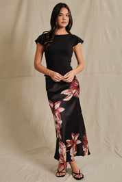 Nightbloom Floral Satin Midi Skirt - Black Mauve Floral